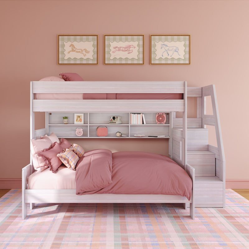 Modern Farmhouse Twin Over Full Bunk Bed With Stairs & Bookcase