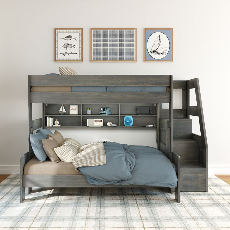 Modern Farmhouse Twin Over Full Bunk Bed With Stairs & Bookcase