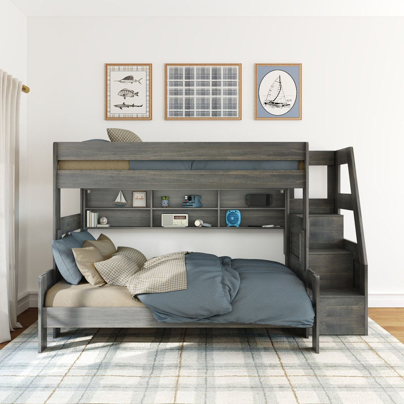 Modern Farmhouse Twin XL Over Queen Bunk Bed With Stairs & Bookcase