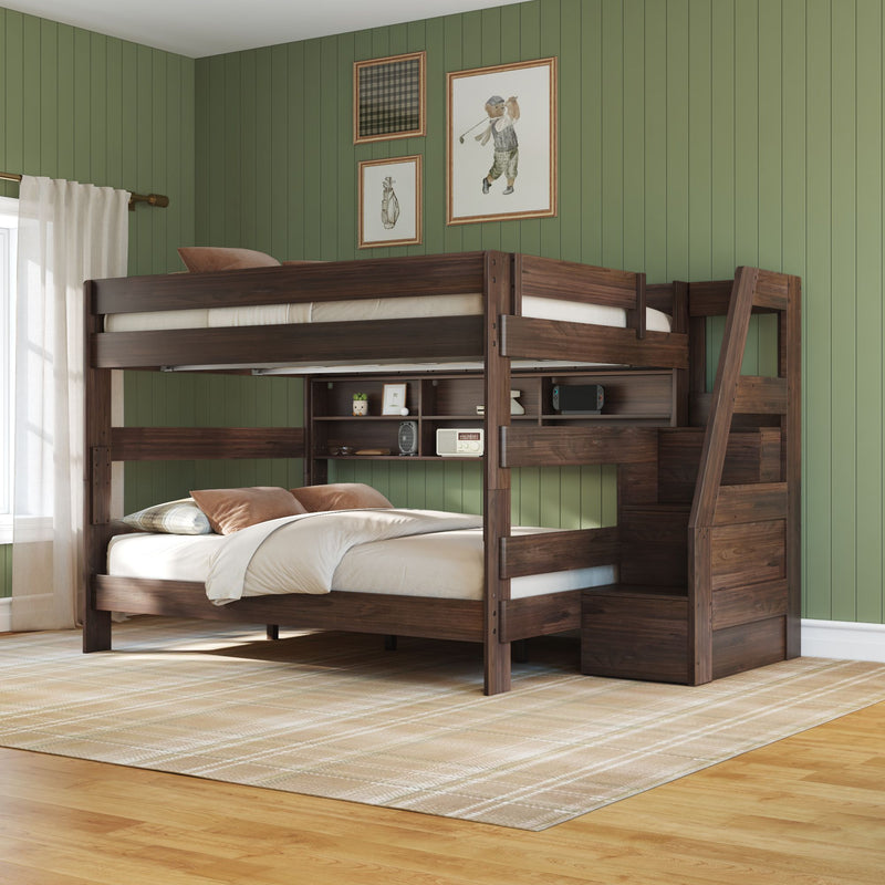 Modern Farmhouse Queen Over Queen Bunk Bed With Stairs & Bookcase