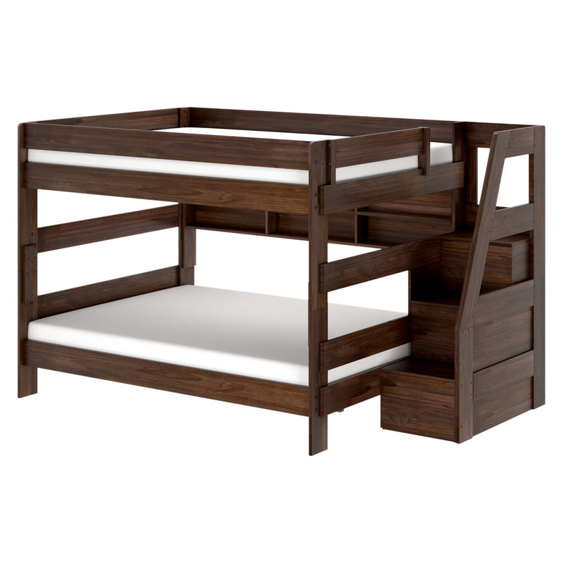 Modern Farmhouse Queen Over Queen Bunk Bed With Stairs & Bookcase