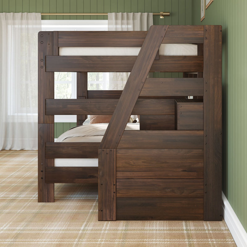 Modern Farmhouse Queen Over Queen Bunk Bed With Stairs & Bookcase