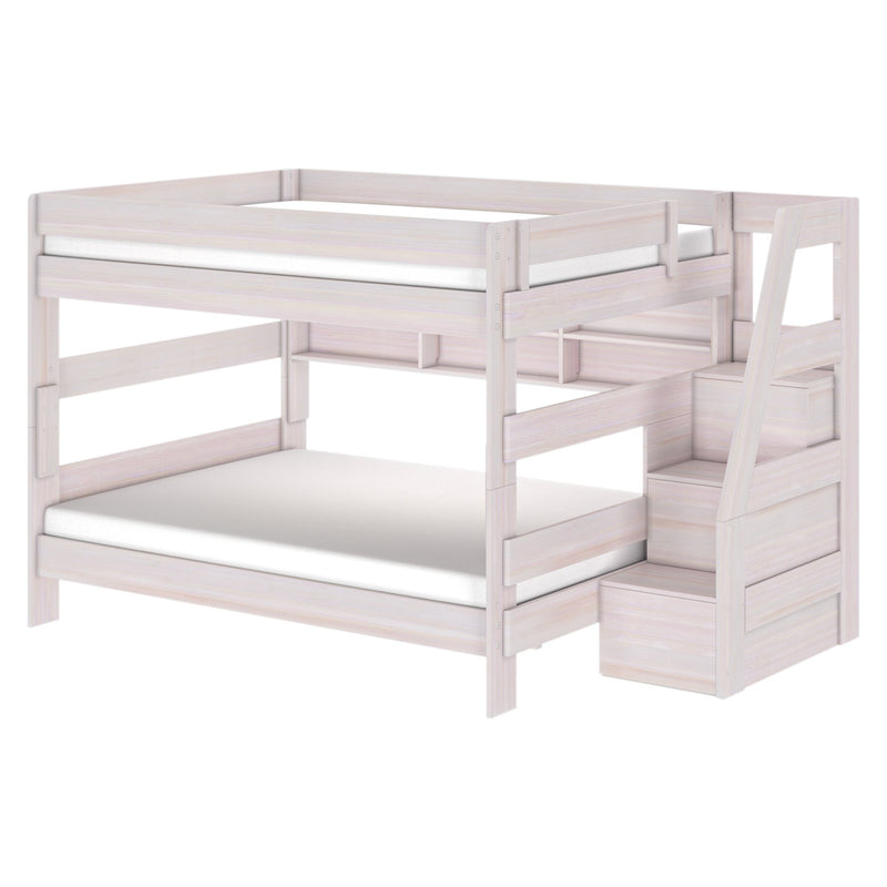 Modern Farmhouse Queen Over Queen Bunk Bed With Stairs & Bookcase