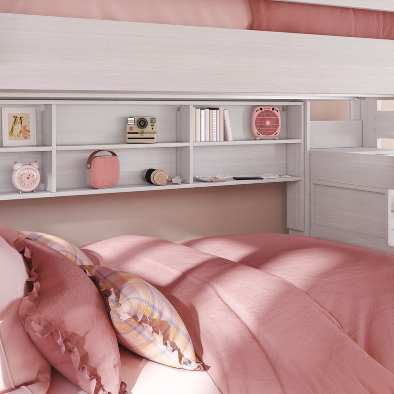 Modern Farmhouse Queen Over Queen Bunk Bed With Stairs & Bookcase