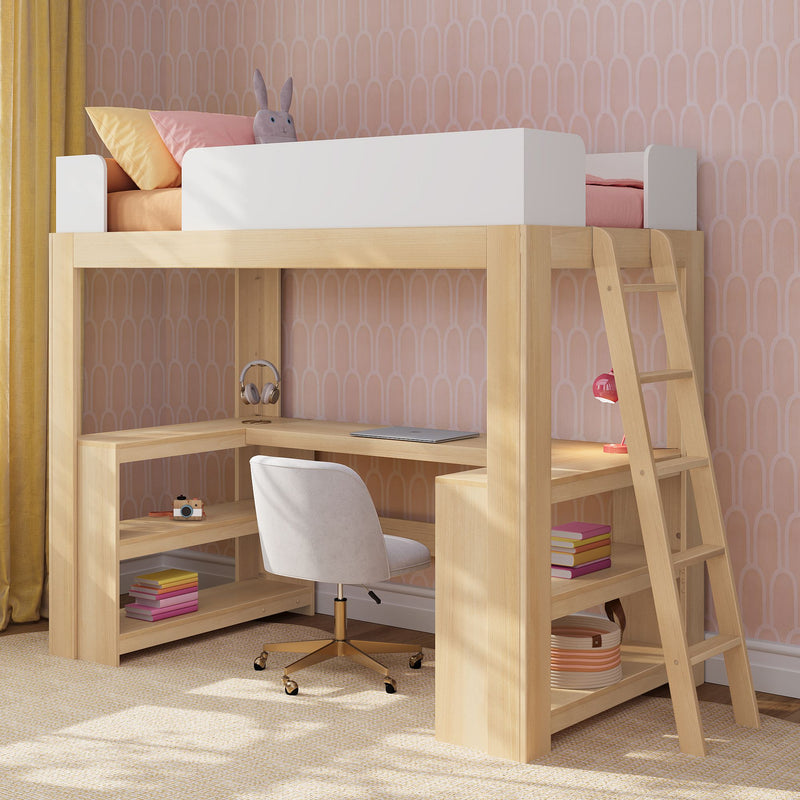 Kids loft bed with built-in L-shaped desk and ladder — light wood frame, white guardrail, swivel chair and pink patterned wallpaper for a space-saving children’s bedroom workspace