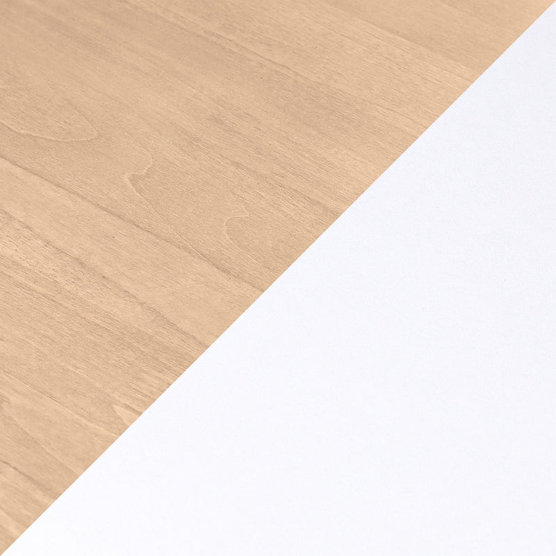 Top-view minimal flat lay of light wood desk and blank white paper diagonally split, clean workspace mockup background