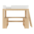 Modern natural wood loft bed with integrated desk and open shelving, white safety rail and angled ladder — space-saving kids and teen bedroom furniture
