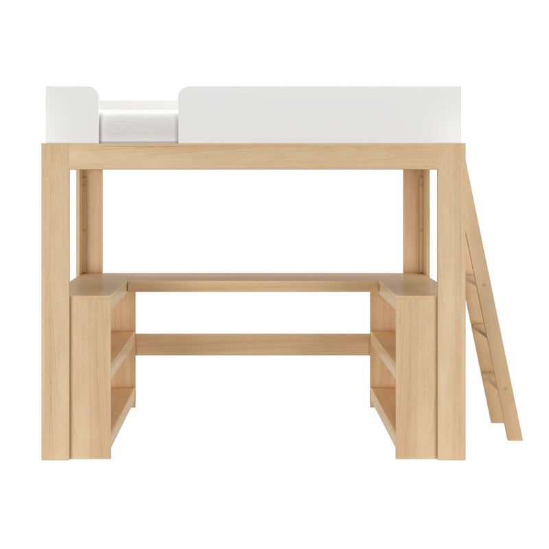 Modern natural wood loft bed with integrated desk and open shelving, white safety rail and angled ladder — space-saving kids and teen bedroom furniture