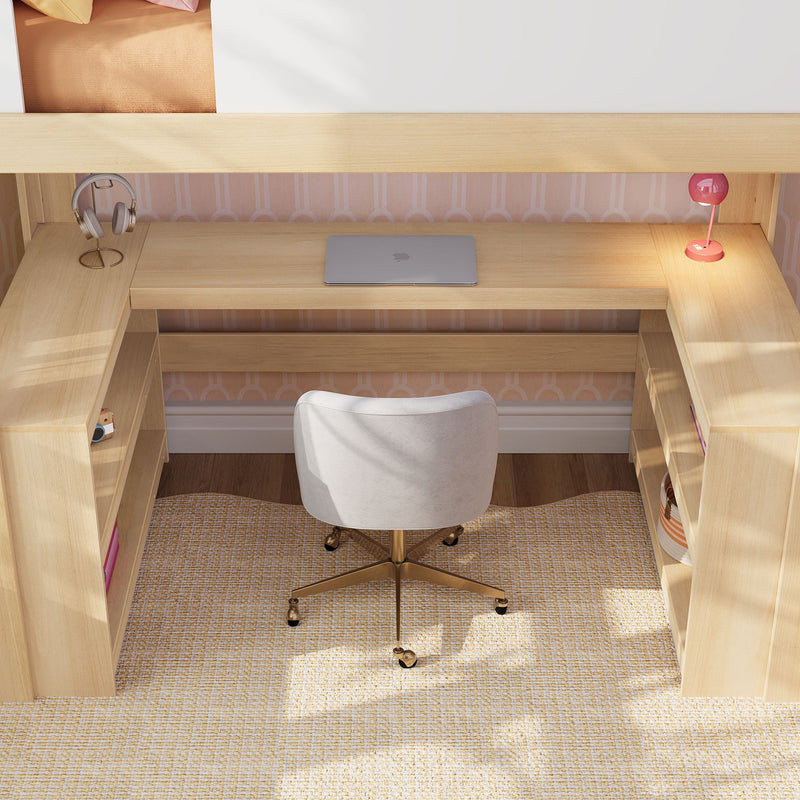 Cozy small home office nook under loft bed with light wood U-shaped built-in desk, white swivel chair, closed laptop, pink desk lamp and headphones
