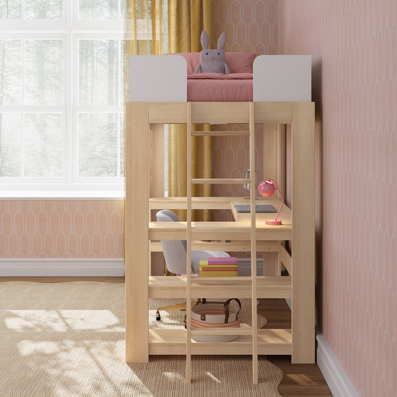 Natural wood loft bed with built-in study desk, pink bedding and stuffed bunny, ergonomic chair, desk lamp and storage in bright child's bedroom