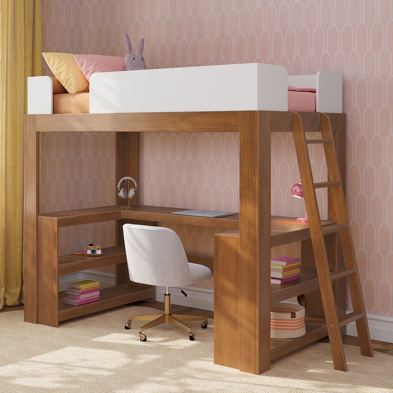 Walnut loft bed with built-in L-shaped desk, ladder and shelves in a pink children's bedroom with white guardrail, study chair and lamp