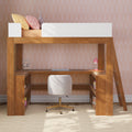 Wooden loft bed with built-in study desk and storage shelves, white guardrail and ladder, swivel chair and pink desk lamp against pink patterned wallpaper