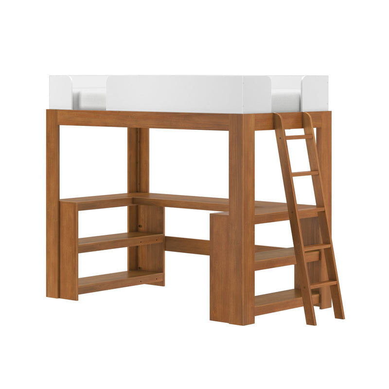 Wood loft bed with white guardrails, built-in L-shaped desk and open shelving, angled ladder — space-saving twin loft bed ideal for kids' bedrooms and home study areas
