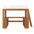 Wooden loft bed with white safety guardrail, angled ladder, built-in desk and open storage shelves underneath — space-saving twin loft bed for kids and teens, ideal small bedroom study area