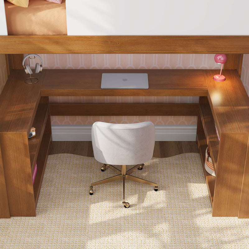 Built-in wooden under-bed desk with closed laptop, white swivel chair on casters, pink desk lamp, headphones and shelves — compact modern home office study nook