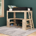 Space-saving natural wood loft bed with built-in desk, ladder and shelves, green accent wall, striped pillows, laptop and study chair