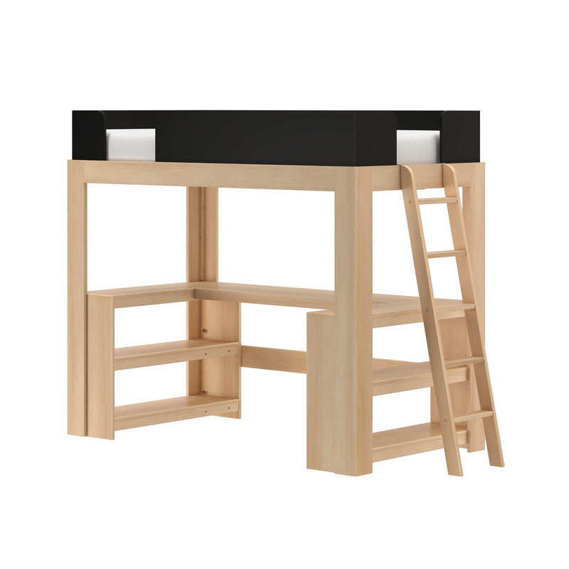 Natural wood loft bed with black guardrail and ladder, built-in corner desk and open shelves — space-saving twin loft bed for kids