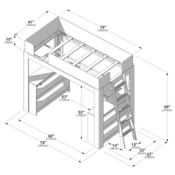 Space-saving loft bed with angled ladder and built-in shelving — technical dimensional diagram showing measurements in inches and centimeters