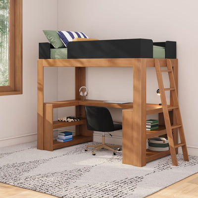 Mid-Century Modern Twin Loft Bed With Wraparound Desk