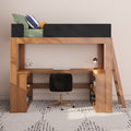 Wooden loft bed with built-in desk workspace, black office chair, closed laptop and lamp in a modern minimalist bedroom setup