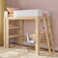 Modern children's loft bed with built-in desk and ladder in pink patterned bedroom, pastel bedding, stuffed bunny and shelves.