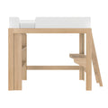 Natural oak wooden loft bed with built-in ladder and open shelving, white safety guardrail and mattress — modern minimalist kids loft bed