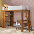 Kids loft bed with white guardrail and ladder, wooden built-in desk and shelves in a pink patterned children's bedroom with pastel bedding and study area