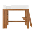 Modern wooden kids' loft bed with natural wood finish, built-in ladder and shelves, and white safety guardrail