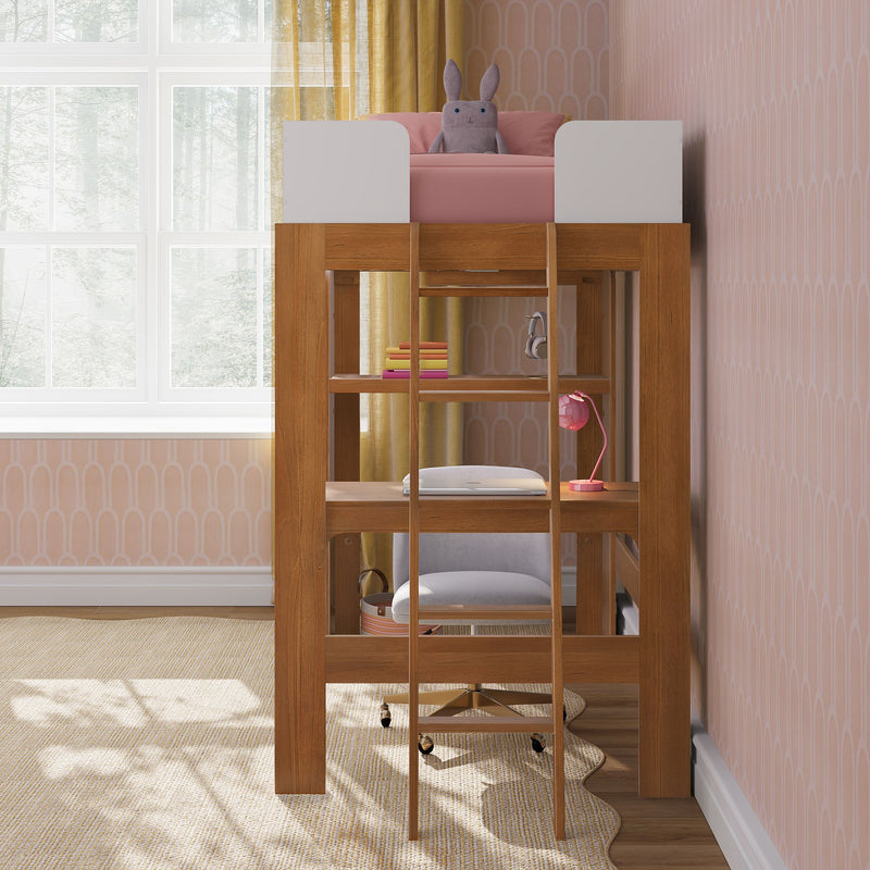 Kids loft bed with wooden frame, pink bedding and stuffed bunny, built-in desk with laptop and pink lamp, ladder and yellow curtains