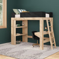 Modern wooden loft bed with built-in study desk, ladder, shelving and black guardrail on green accent wall