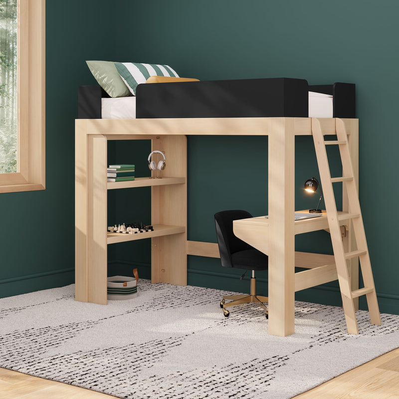 Modern wooden loft bed with built-in study desk, ladder, shelving and black guardrail on green accent wall