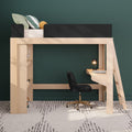 Modern wooden loft bed with built-in desk and ladder, black swivel chair, striped pillows and desk lamp against dark green accent wall — space-saving bedroom furniture