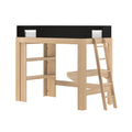Natural birch wood loft bed with ladder, built-in shelving and black safety guardrail over a white mattress — space-saving kids' bedroom furniture