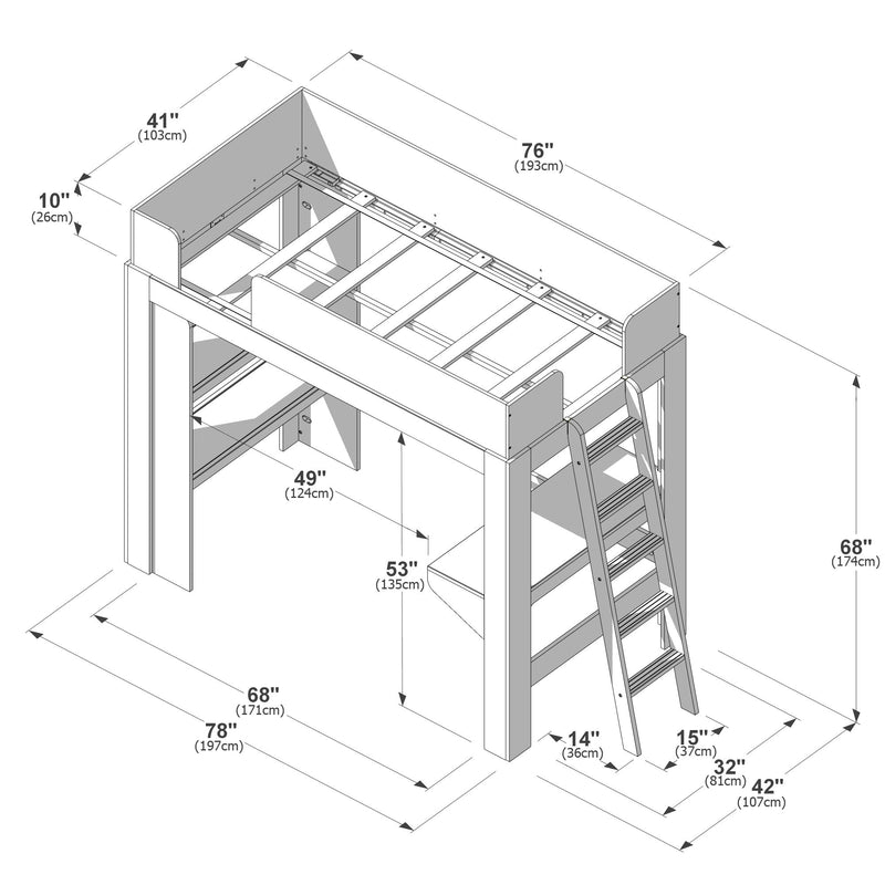 Isometric diagram of a twin loft bed with angled ladder, built-in shelves and storage, space-saving wooden frame with labeled dimensions in inches and centimeters (76 in × 41 in × 68 in), assembly and measurement schematic