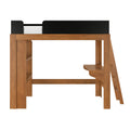 Wooden loft bed with black guardrail, ladder, built-in desk shelf and storage shelves — space-saving twin bed for kids