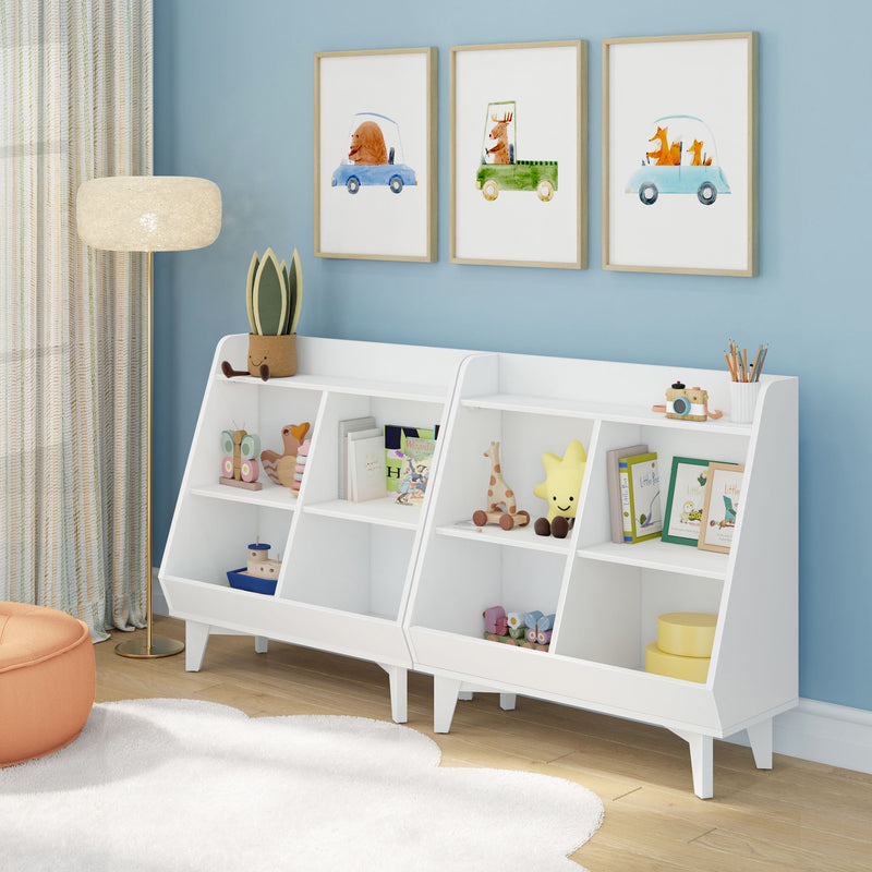 White kids bookshelf and toy organizer in nursery with blue wall, animal prints, toys, plush rug and wood floor