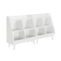 White modular wooden kids toy organizer with angled cubbies and top shelf on tapered legs, modern nursery and playroom storage shelf