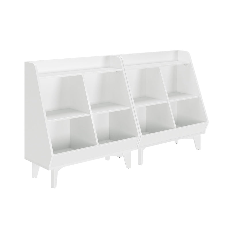 White modular wooden kids toy organizer with angled cubbies and top shelf on tapered legs, modern nursery and playroom storage shelf