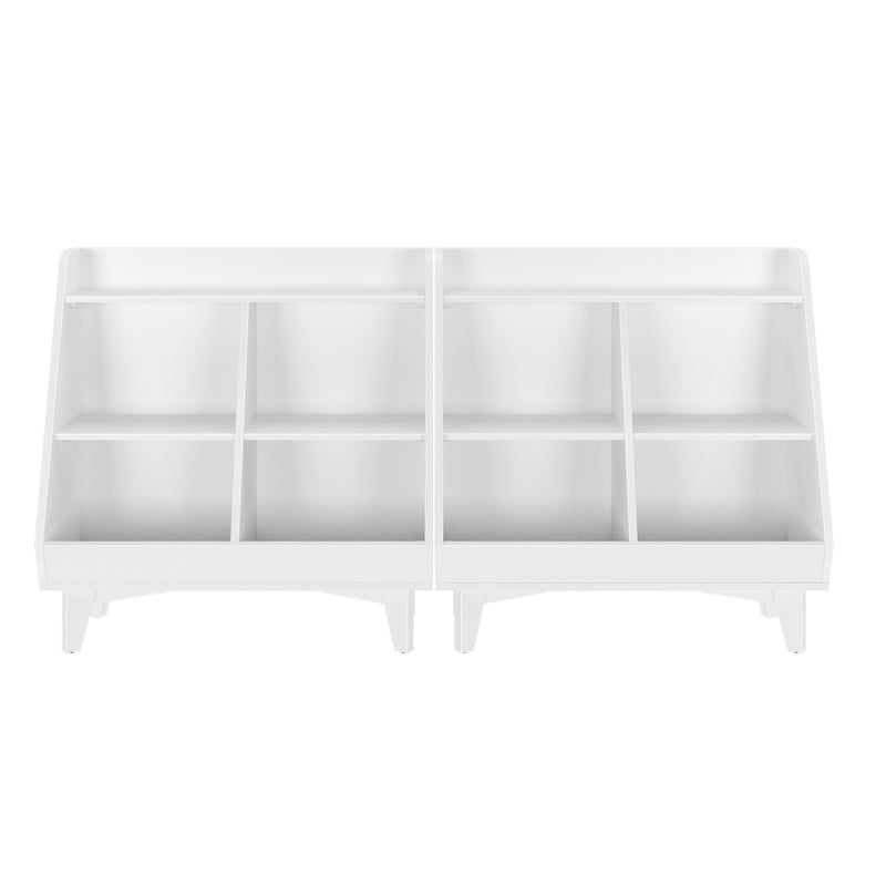 White mid-century modern kids wooden toy organizer and bookshelf with open cubbies and angled display shelves for playroom storage