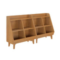 Mid-century modern light oak freestanding shelving unit with angled open cubby compartments for books, toys, and display