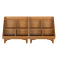 Mid-century modern light oak double cubby bookshelf with angled open display bins, low legs and multiple roomy compartments for books, toys, and decor