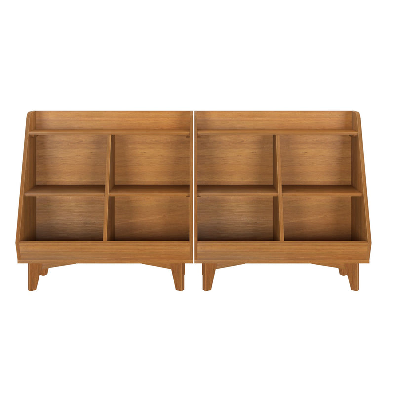 Mid-century modern light oak double cubby bookshelf with angled open display bins, low legs and multiple roomy compartments for books, toys, and decor