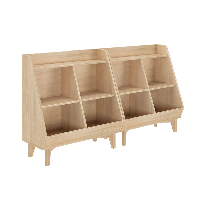 Light wood two-section mid-century modern display shelf with angled open cubbies and tapered legs