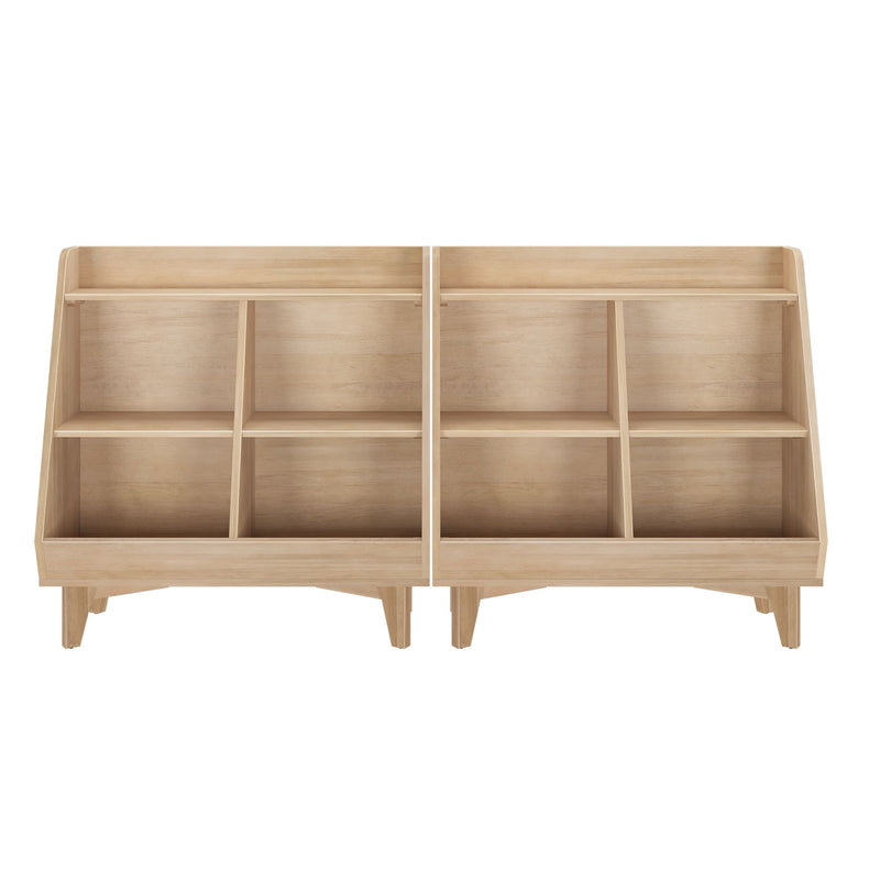 Natural light wood modular cubby shelf with angled open-front compartments — versatile nursery toy organizer and kids bookshelf for playroom storage