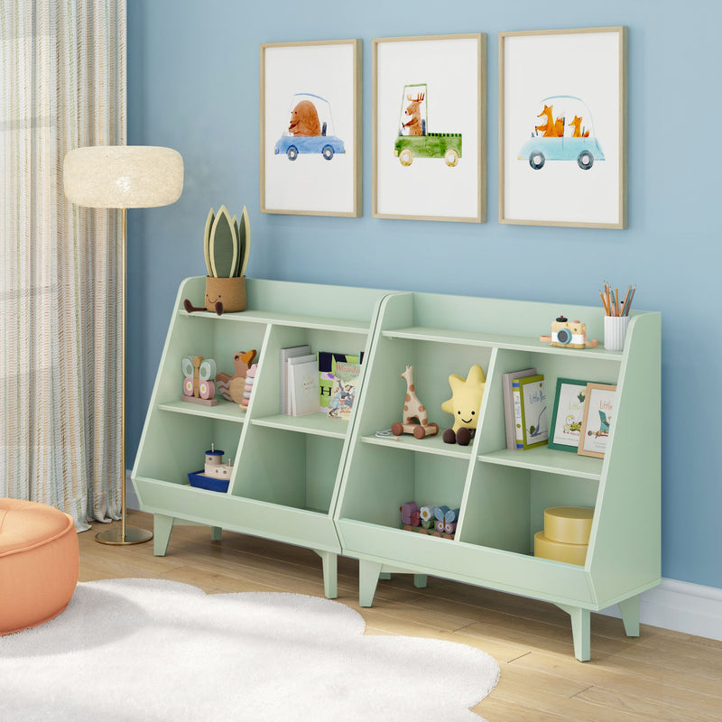 Mint green kids' toy bookshelf and storage organizer in a blue nursery with books, wooden toys, star plush, framed animal car prints and floor lamp