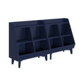 Navy blue shelving unit with six angled cubbies and tapered mid-century legs — modern storage and retail display