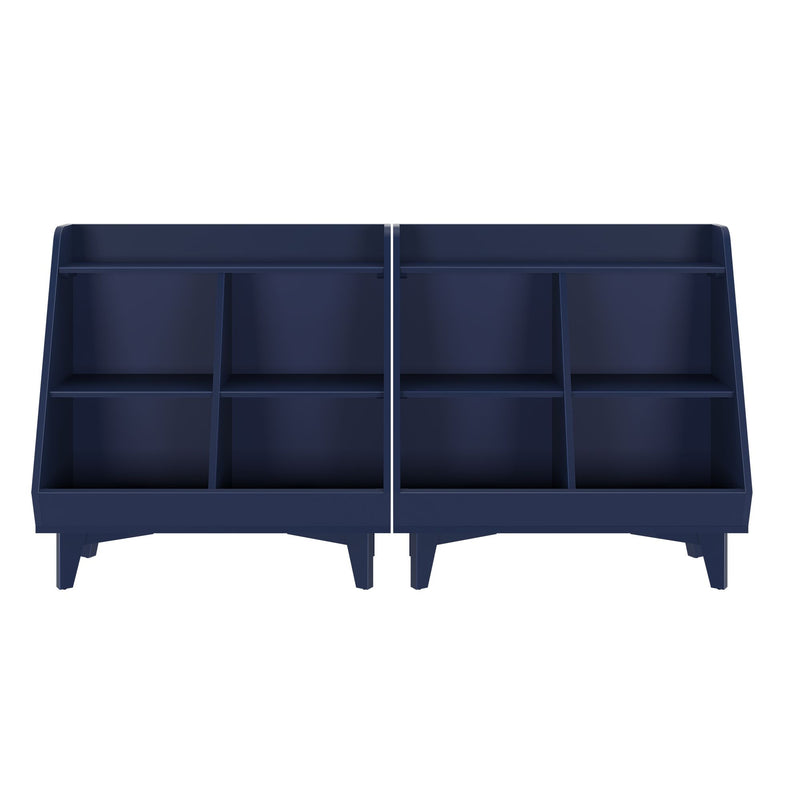 Double navy blue modular bookshelf with angled fronts and six open cubbies on tapered legs — modern storage organizer for kids' books and toys