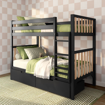 Black twin-over-twin wooden bunk bed with green bedding, ladder and under-bed storage drawers in a children's bedroom with pink checkered wallpaper