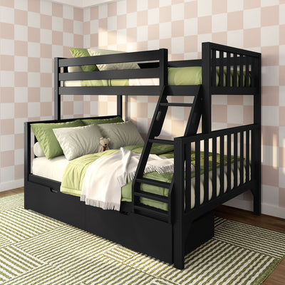 Black wooden bunk bed with ladder in a kids' bedroom, green bedding and pillows, small teddy bear on lower bed, beige checkerboard accent wall and green striped rug