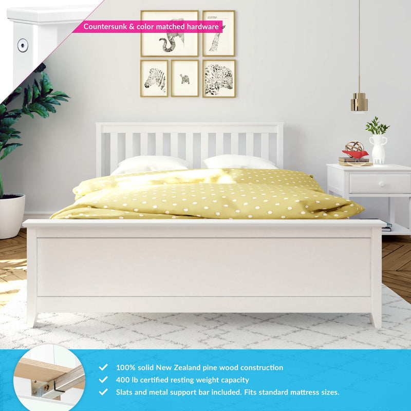 White wooden bed frame with yellow polka dot bedding, featuring 100% solid New Zealand pine construction and 400 lb weight capacity, perfect for standard mattress sizes.